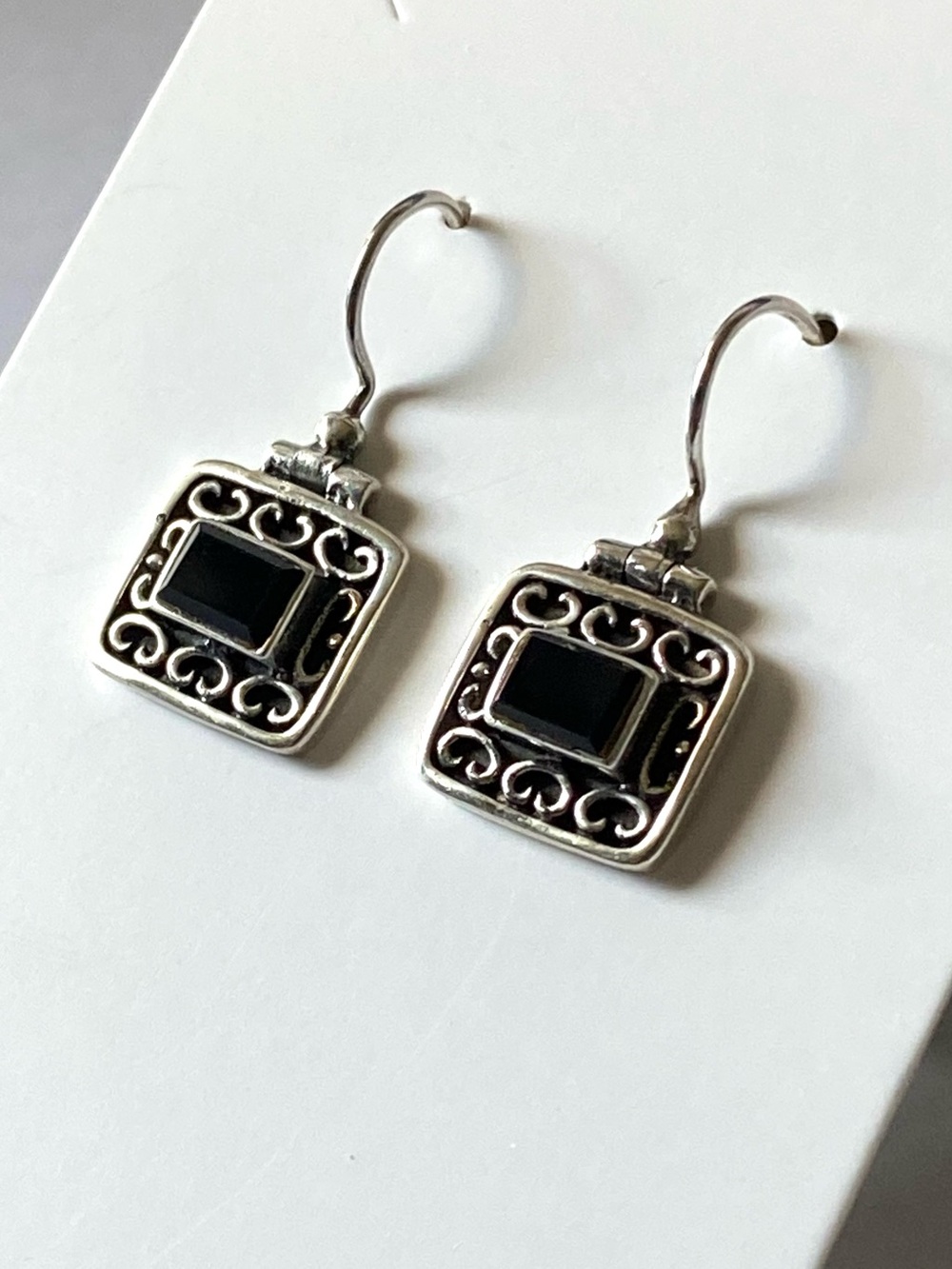 Sterling Silver Black Stone Scroll Drop Vintage Earrings